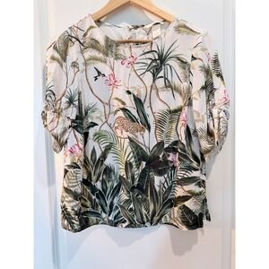 HM Tropical Leopard Print Blouse Cream Viscose‎ Short Sleeve Tie Top Size 4
